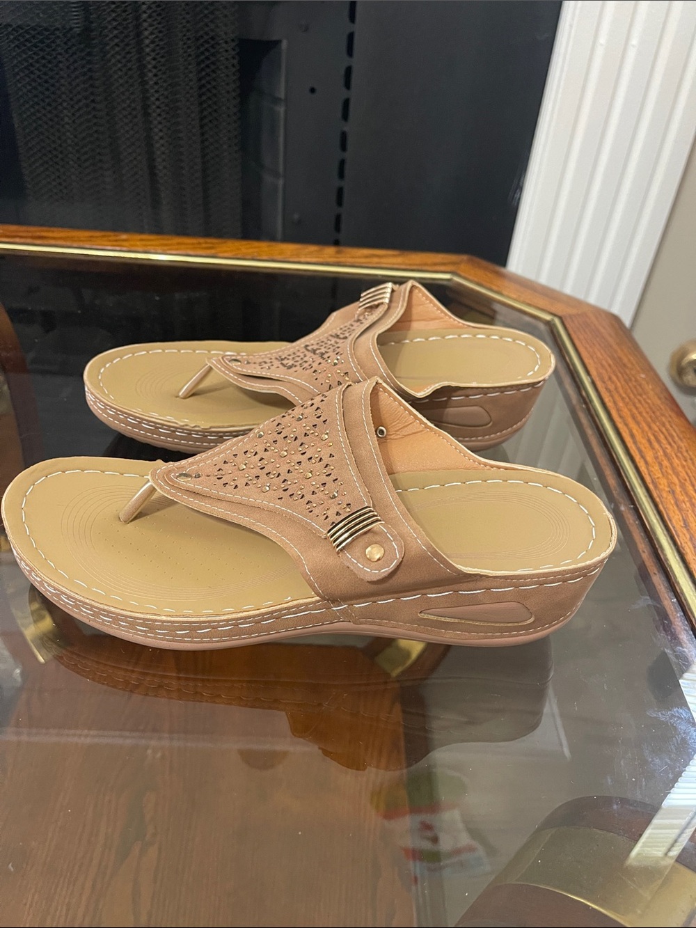 Women's Tan Wedge Thong Sandals with Decorative Accents